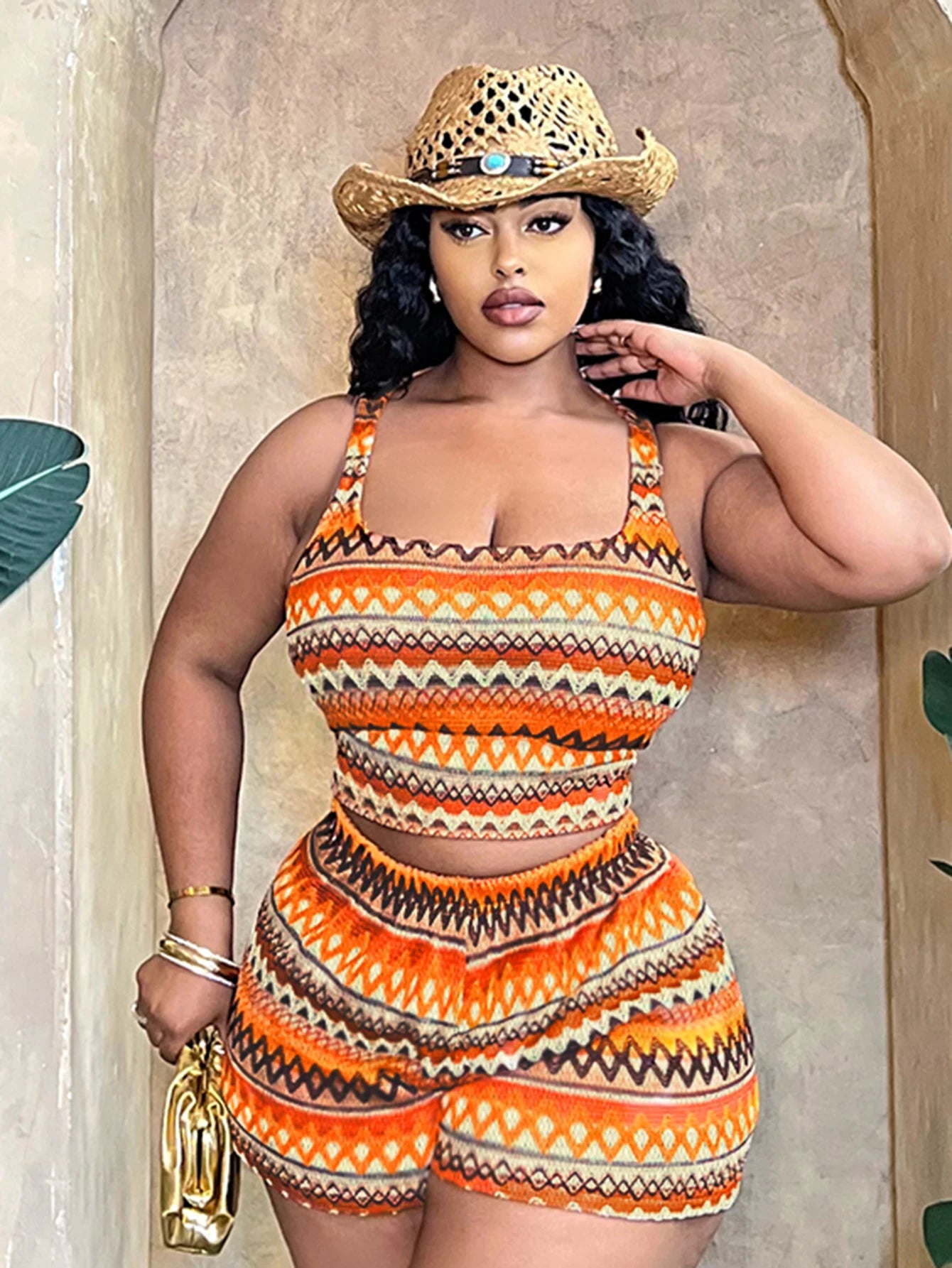 LW Plus Size shorts sets Cami Geometric Print Knit Shorts Set summer sleeveless cami tank + shorts sets casual Two pieces set