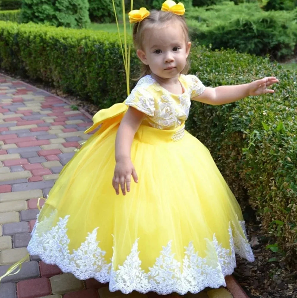 Yellow Flower Girl Dresses For Wedding Tulle White Appliques With Bow Cute Toddler Birthday Party Photo Shoot Gown