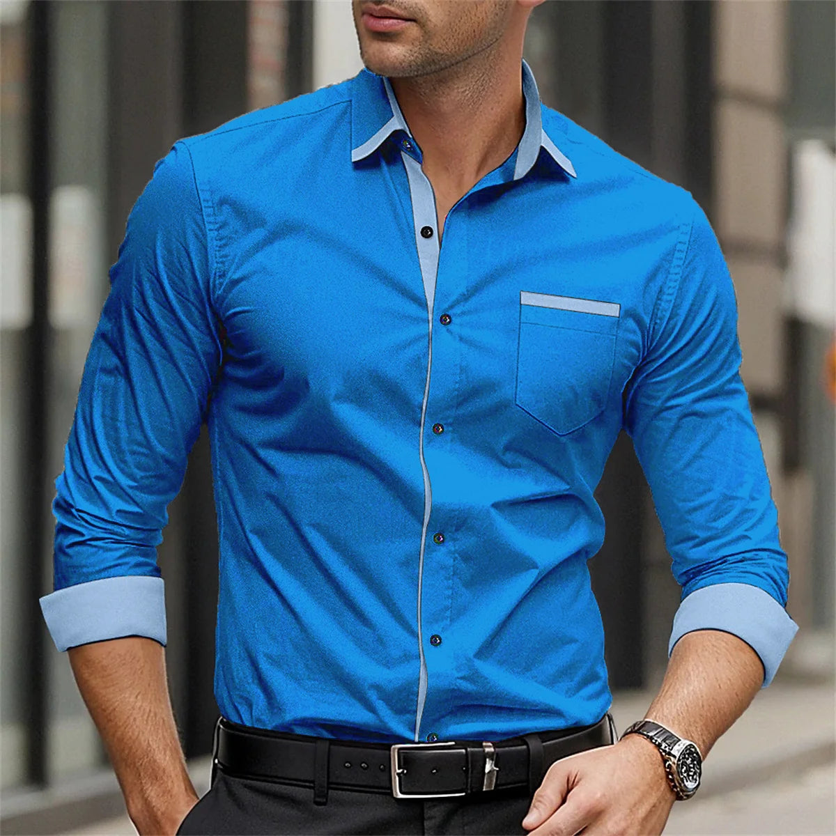 Men's formal shirt solid color splicing business casual printed shirt for spring and summer daily wear pocket comfortable shirt