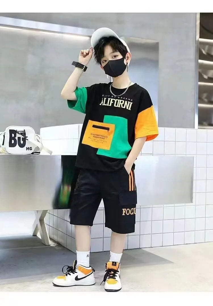 2025 summer Teenager Boys Clothes Casual Outfit Kids Tracksuit Child t shirt + shorts hot pant 4 5 6 7 8 9 10 12 11 13 14 Year
