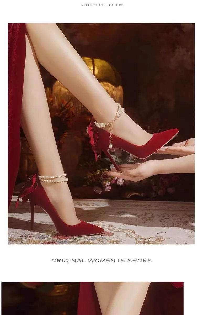 Red Xiuhe wedding shoes new pointy stiletto high heels female shallow mouth bow pearl one word buckle strap two wear bride shoes