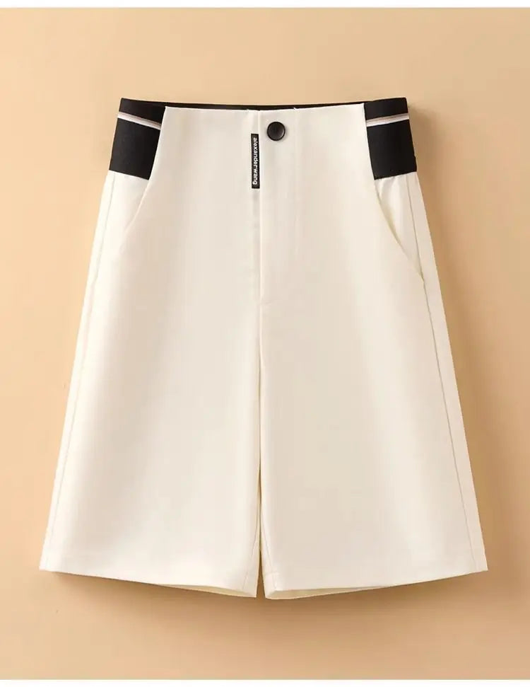 Female Korean Solid Color Spliced Casual Knee Pants Female Summer Fashion All-match High Waist Straight Pants Women's Clothing
