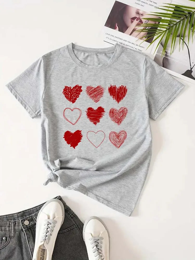 Red Heart Printed Women T-Shirts Fashion Streetwear Short Sleeve Tee Clothing Casual Soft Women Tops Valentine's Day T-shirt