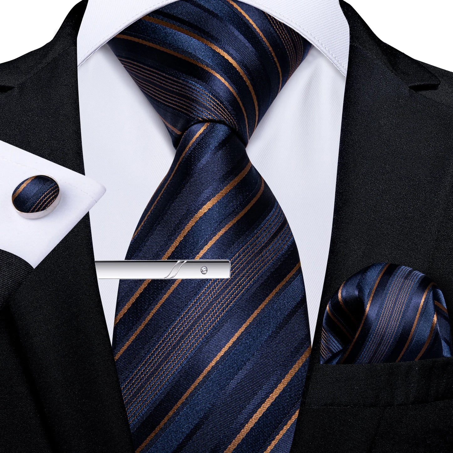 Men's Tie Set with Clip Luxury Retro Red Blue Floral 8cm Necktie Handkerchief Cufflinks Wedding Party Business Accessories Gift