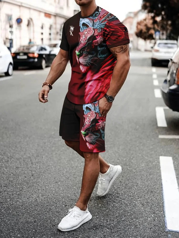 Men's Summer Short Sleeve Set Hip Hop Cartoon Bear Print Short Sleeve Top Shorts Casual Two-piece Outdoor Urban Street Fashion