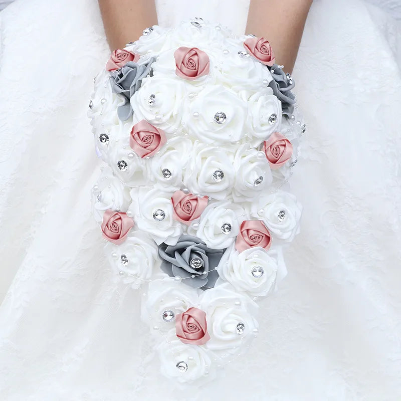 Waterfall New Wedding Bouquets for Bride and Bridesmaid Rose Rhinestones Hand Flower Party Wedding Decoration