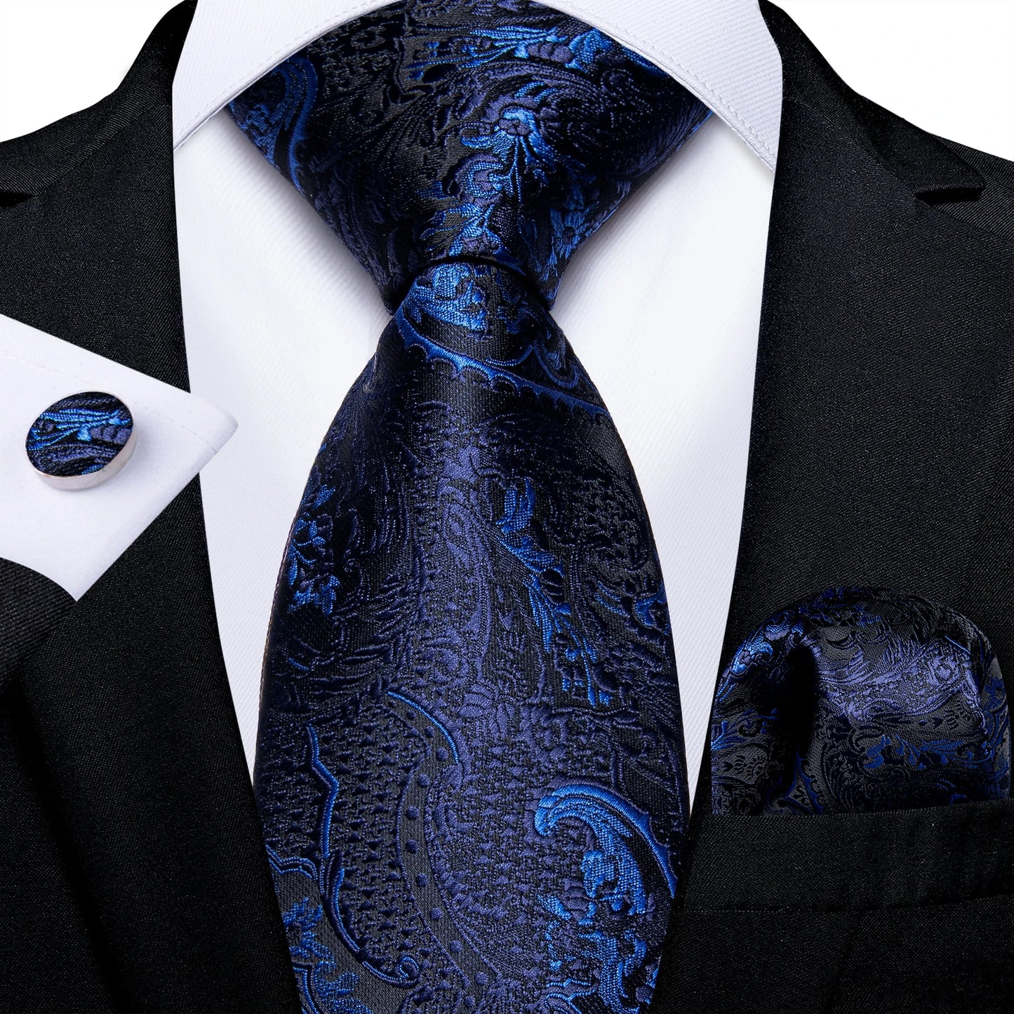 Royal Blue Paisley Plaid Striped Men tie Set with Handkerchief Cufflinks Wedding Prom Groom Accessories Perfect Gift for Men