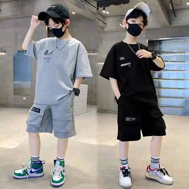 Summer Boys Sets Children Casual Clothing Suits Teenager Sports T-shirts Suits Big Kids Short Sleeves Tops+Shorts 2Pcs Outfits
