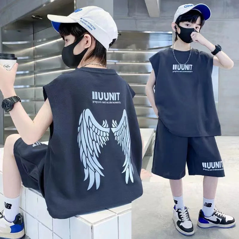 Boys Summer Suit New Children's Sleeveless Vest Sports Suit Fried Street Clothes Cool Handsome Summer Children's Clothing