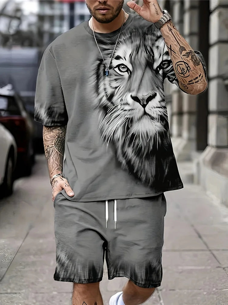 Men's Summer Short Sleeve Set Hip Hop Cartoon Bear Print Short Sleeve Top Shorts Casual Two-piece Outdoor Urban Street Fashion