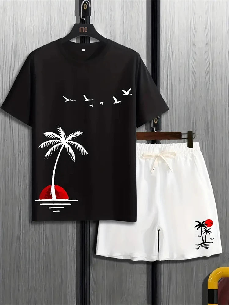 Summer Men's Suit Sportswear Fashion Casual Short Sleeve Vacation Style Gradient Printing Men's T-Shirt Shorts Suit Menswear