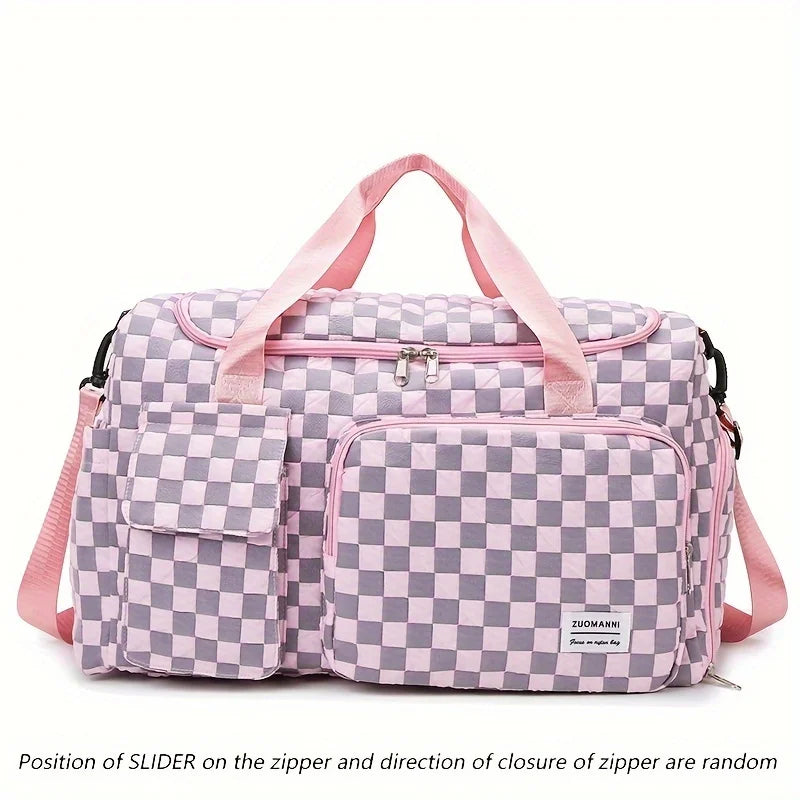 Stylish Checkerboard Pattern Design Large Capacity Duffle Travel Bag, Portable Sports Gym Bag, Weekender Overnight Bag