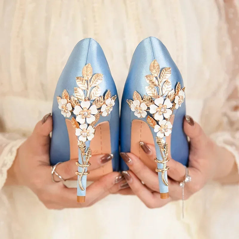 Women's Metal Flowers Stiletto High-heel Shoes Female Light Luxury Sexy Fashion Wedding Shoes Pointed Toe Satin Single Shoes