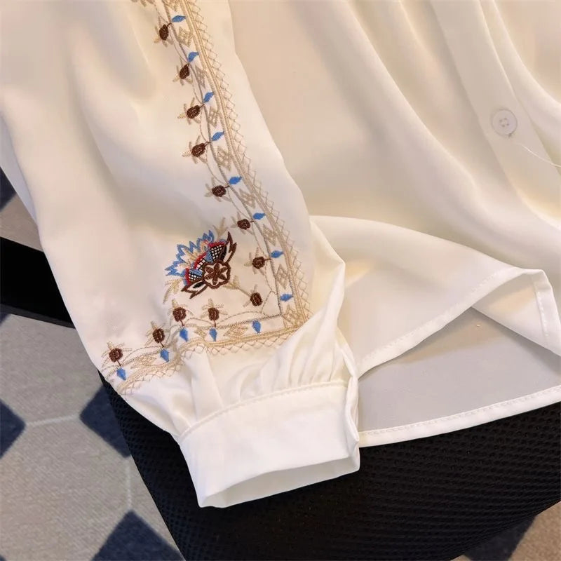 Embroidered Women be all-match High Quality Female Elegant Blouses Ladies Work Wear Shirts White Floral Clothings Chiffon Tops