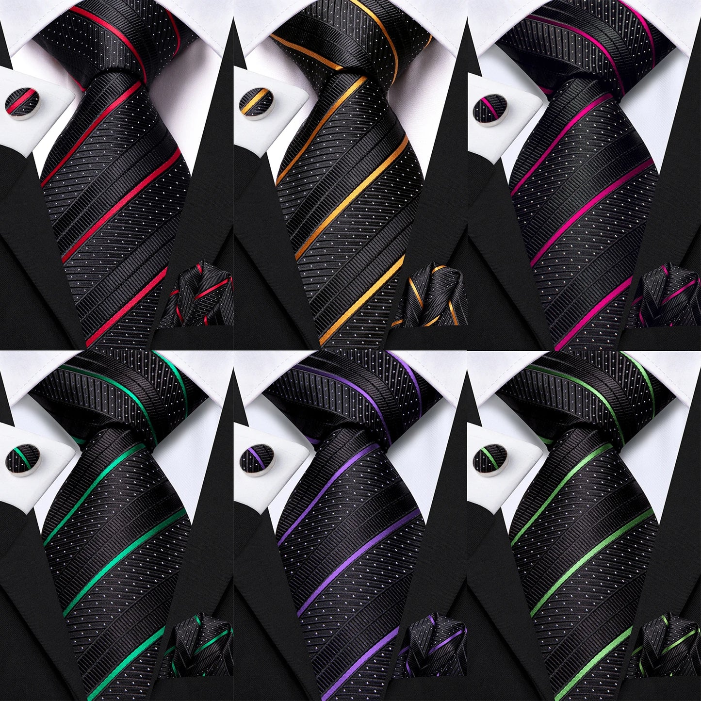 Hi-Tie Striped Black Purple Red Green Men Elegant Necktie Hanky Cufflinks for Tuxedo Fashion Classic Silk Luxury Tie for Man