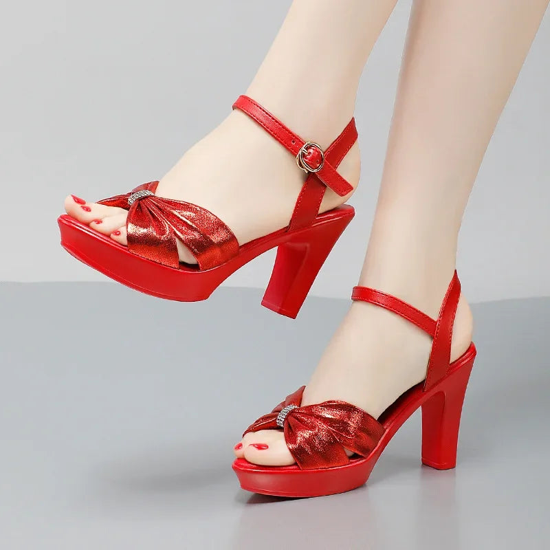 Plus Size 32-43 Elegant Silver Red Wedding Shoes Women Platform Sandals Summer 2025 Block High Heels Leather Sandals Model
