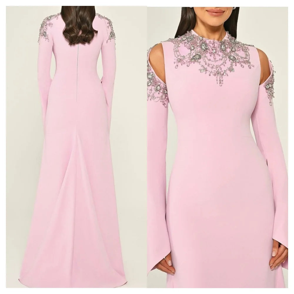 customizedCustomized Formal Pink Jersey Evening Dress Temperament Crew Neck Long Sleeves Party Dress High Quality Straight Celeb