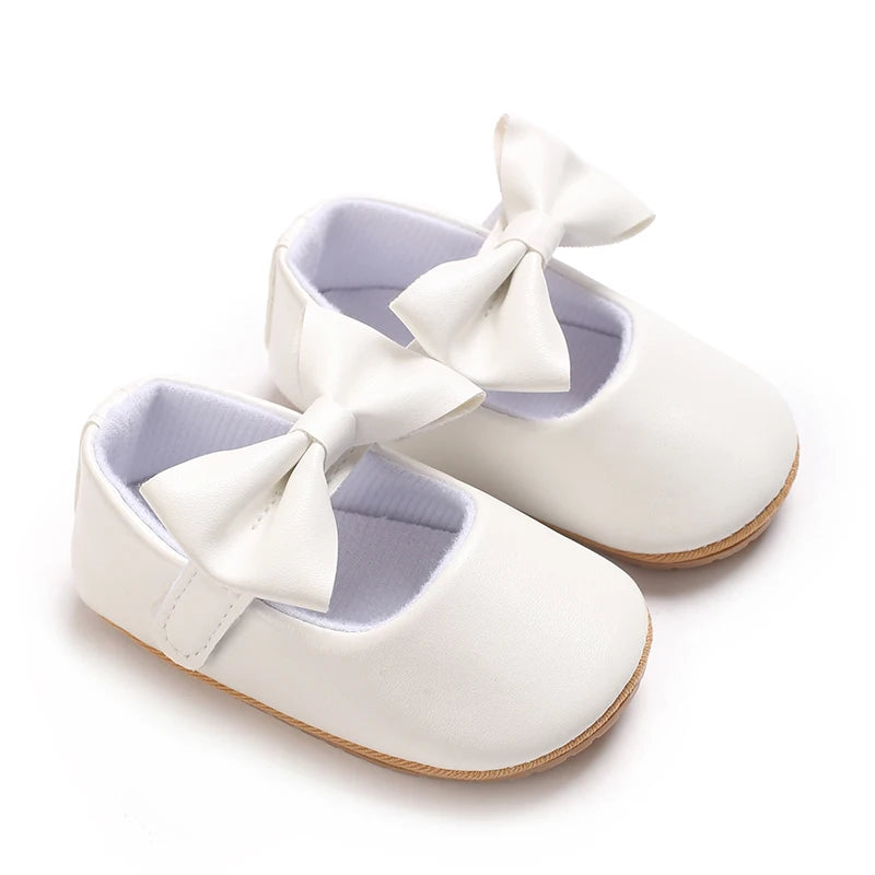 VALEN SINA 0-18 Months Newborn Girl White Baptism Shoes Bow Non-slip Rubber Soft-Sole Flat PU First Walker Mary Janes
