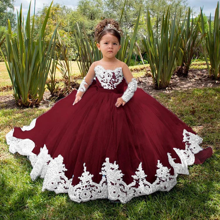 Long Sleeves Flower Girl Dresses For Weddings Toddlers Satin Bow Ball Gown Pageant Dress Sparkly 1st Communion Party Gowns