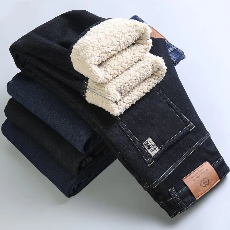 Winter New Fashion Trend Solid Color Plus Plush Thick Warm Jeans For Men's Casual Loose Sports Straight Leg Elastic Jeans 28-40