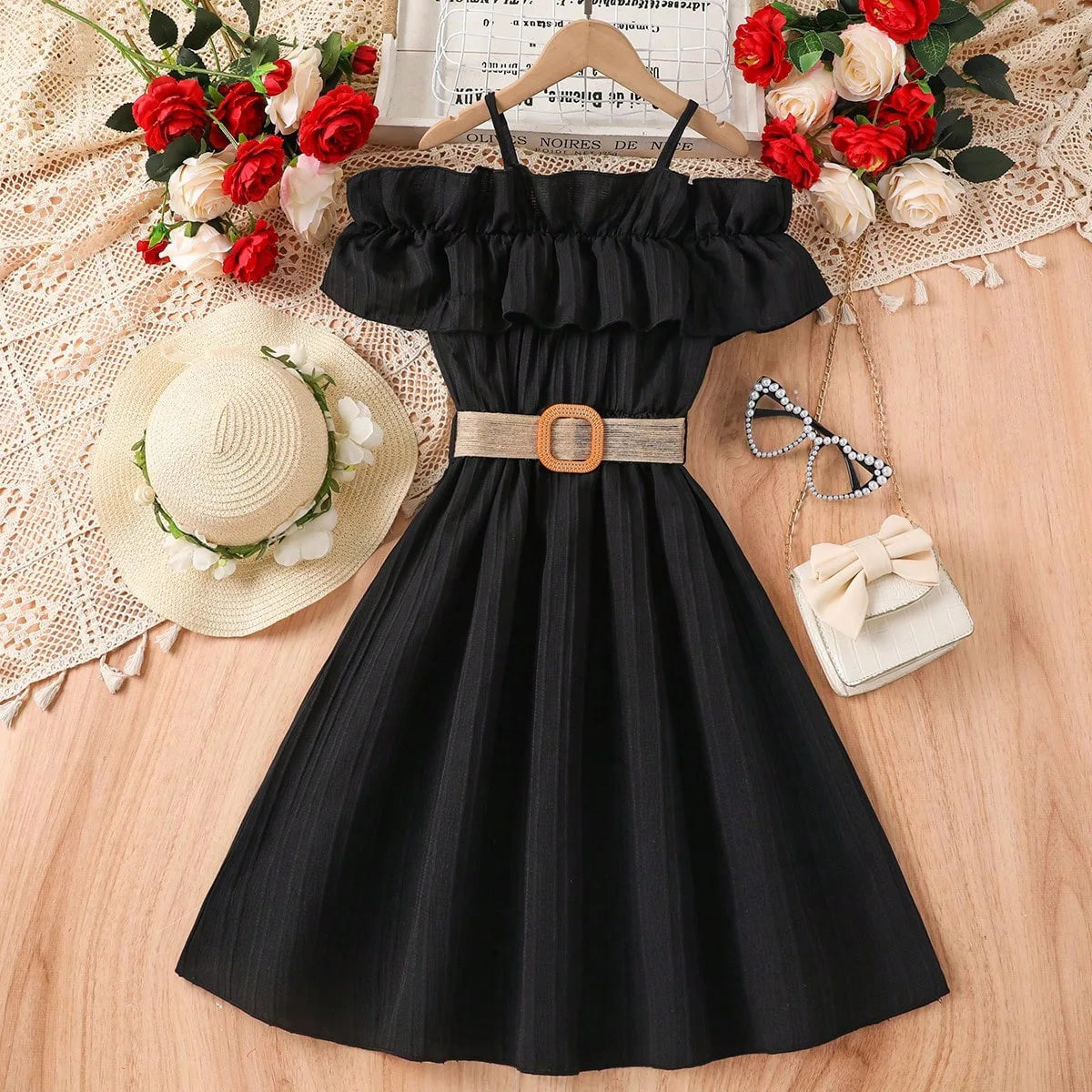 Summer Girl Dress Off Shoulder Fashion Girl Clothes Teenager Beach Dress with Belt Kid Outfits Children Clothing Plus Size Teens