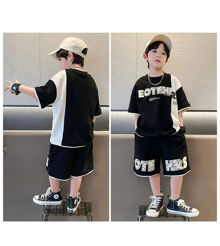 New Summer Teenagers Boys Clothing Sets Child Fashion Letter Top And Shorts 2Pcs Kids Tracksuit 4 5 6 7 8 9 10 11 12 13 14 Years
