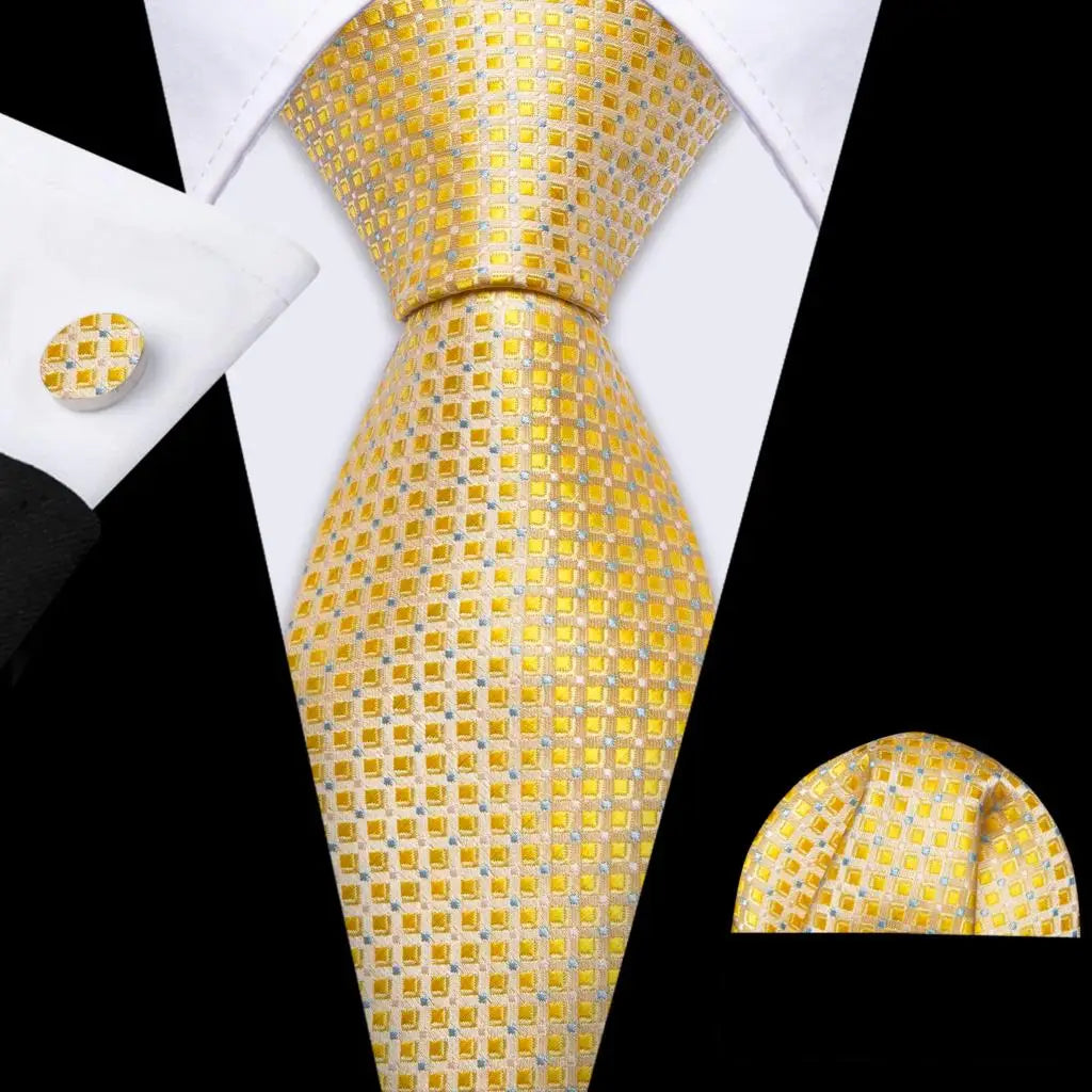Barry.Wang Gold Beige Yellow Brown Tulip Silk Men Tie Handkerchief Cufflink Set Jacquard Necktie for Male Wedding Business Party