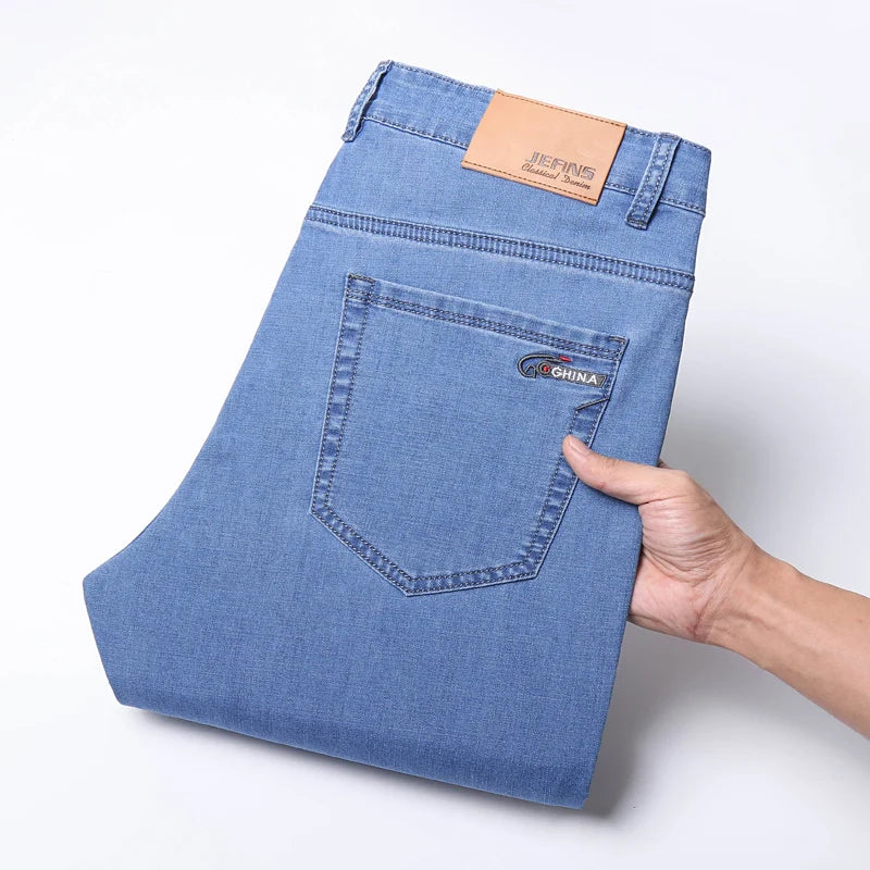 2025 Spring Summer Thin Classic Men's Business Jeans Stretch Trousers Casual Straight Denim Pants Brand Male Clothing 28-40