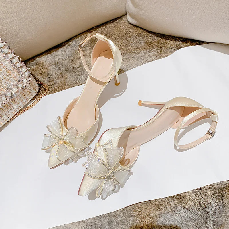 Crystal Wedding Shoes Bride Wedding Dress Two Wears New Bow High Heels Women's Summer Slim Heels White Pointed Sandals Women