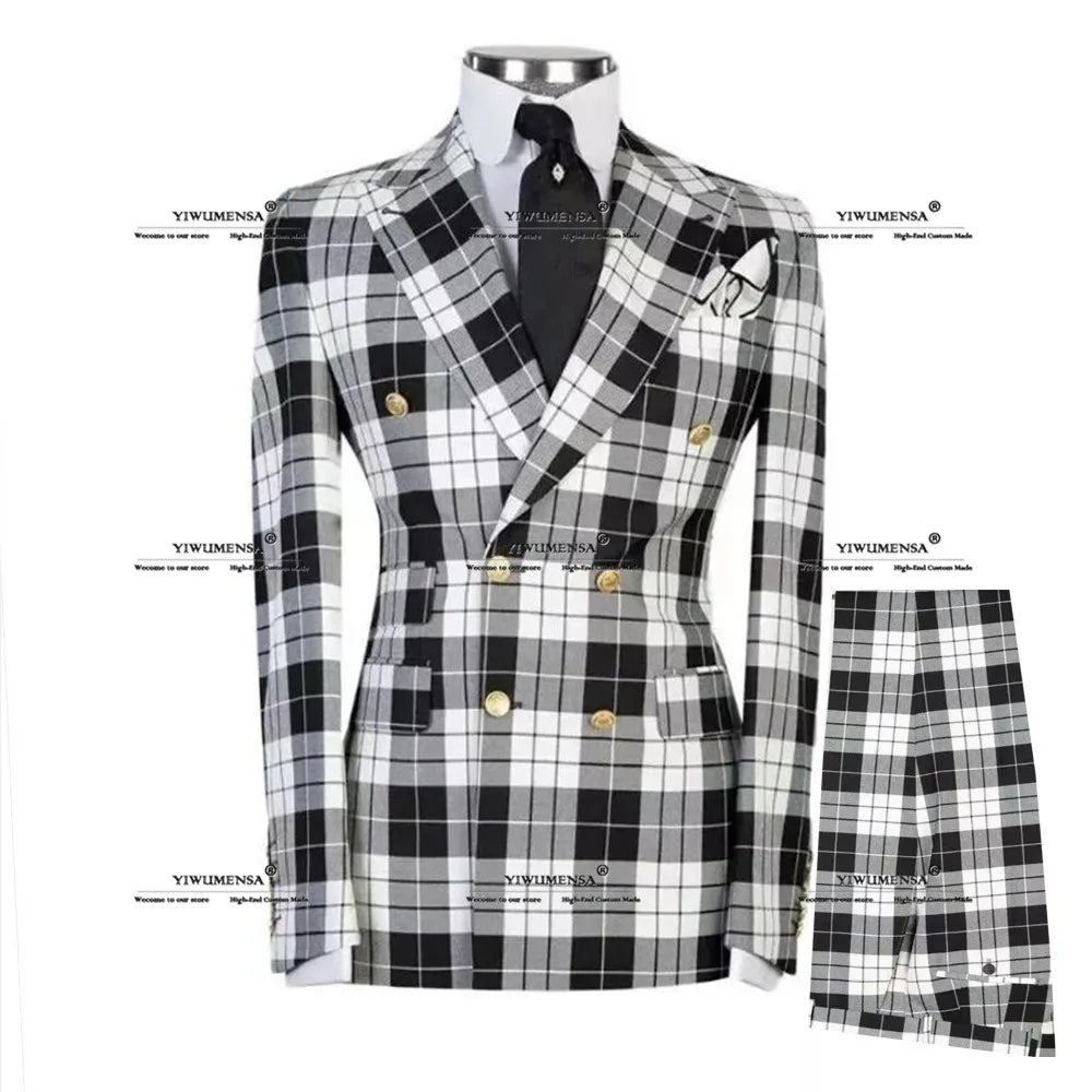 Plaid Check Suits Men Double Breasted Prom Blazers Formal Business Jacket Pants 2 Pieces Groom Wedding Tuxedos terno masculino