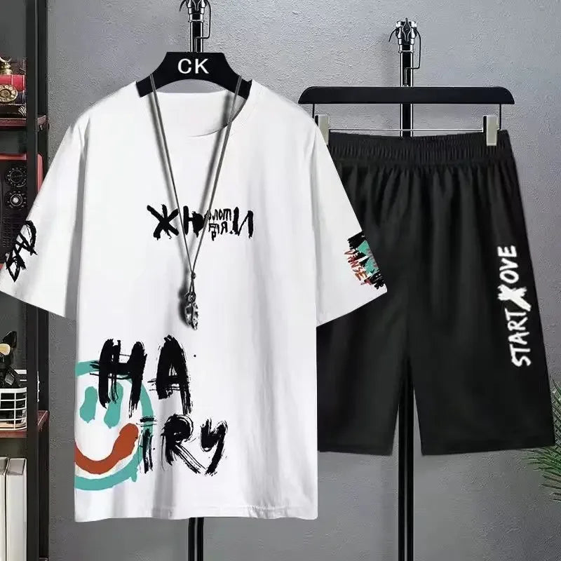 Men's Sets Summer Fashion tracksuits men's clothing Casual Ice Silk Men's Printed T-shirt+Shorts Trend Basketball Set sportswear