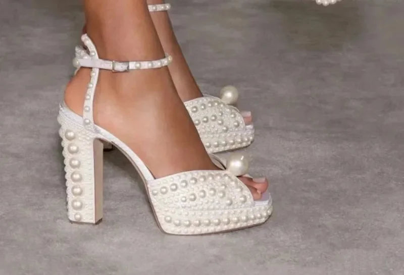 Shoes for Women Beaded Thick Heel Fish Mouth Sandals 35-41 High Heel Waterproof Platform Women's Shoes Wedding