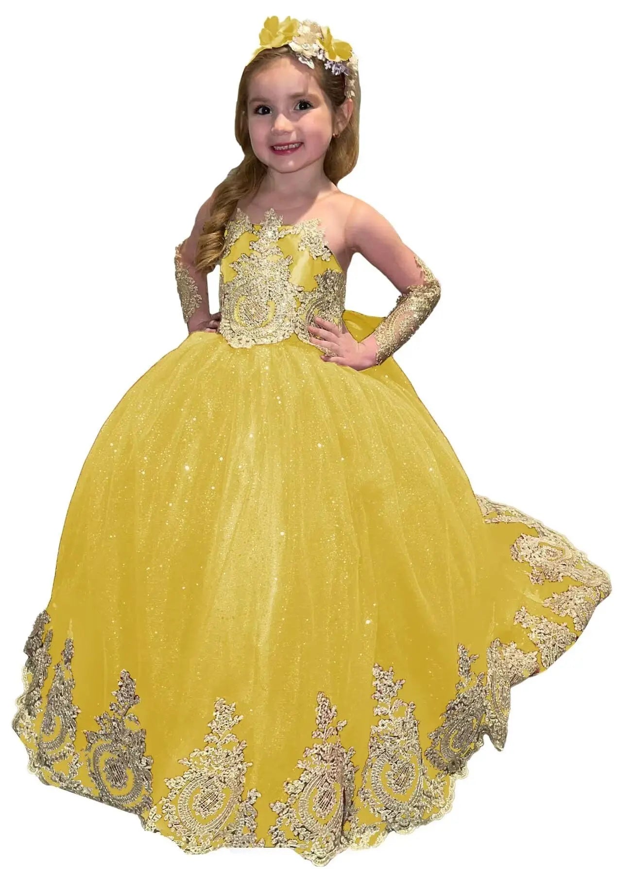 Glitter Puffy Princess Flower Girl Dresses Gold Appliques Bow Tulle Long Pageant Wedding Party Mini Quinceanera Dress Ball Gowns