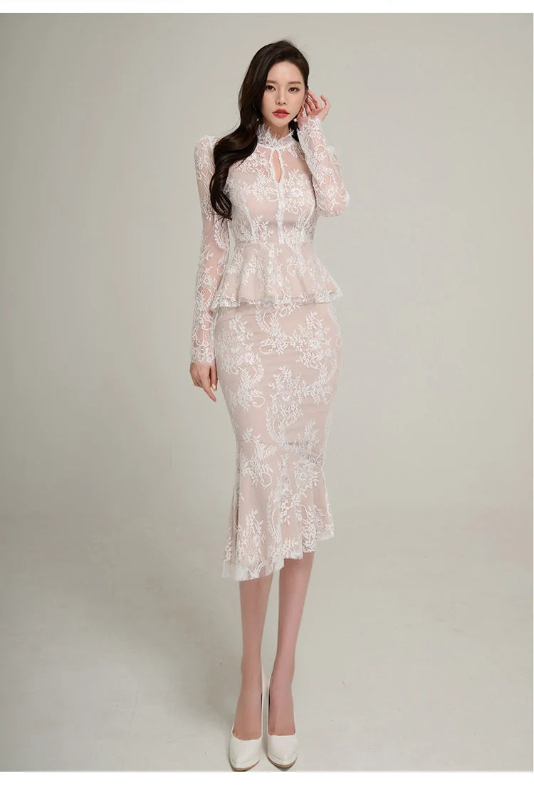 Spring Professional Woman Lace 2 Pieces Set Simple Tops + Vintage High Waist Mermaid Skirt Korean Skirts Suits