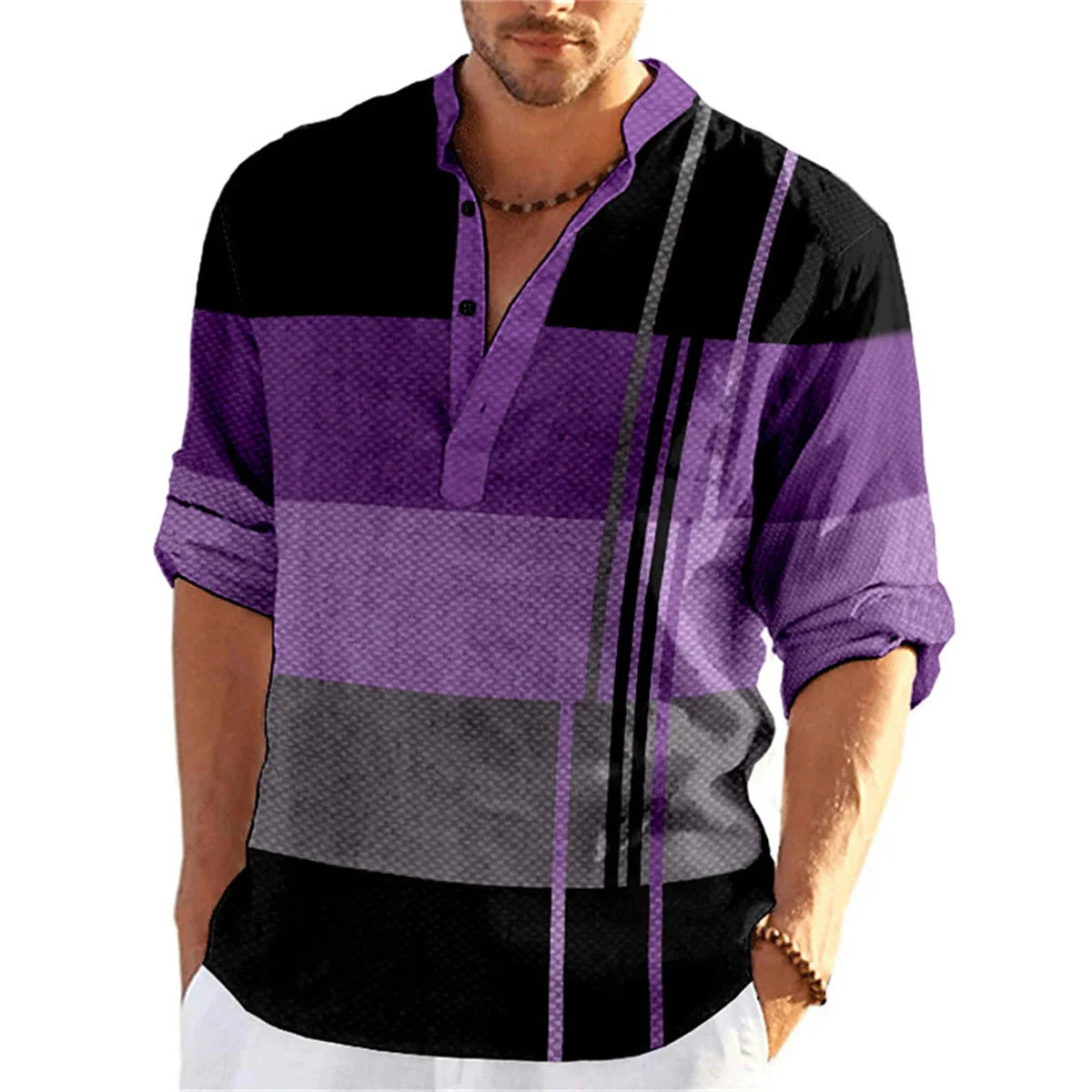 Tiki Spring Autumn Men's Shirt Button Stand Collar Print Gradual Change Business Slim Casual Long Sleeved Shirt Flash Sales