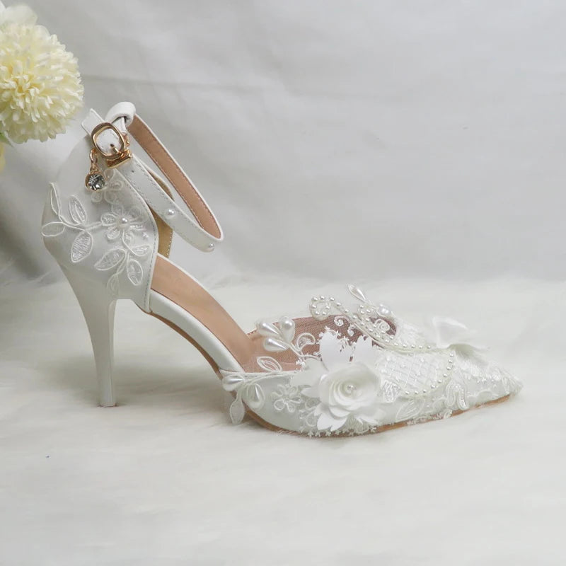 BaoYaFang White Flower Pumps New arrival womens wedding shoes Bride High heels platform shoes for woman ladies party dress shoes
