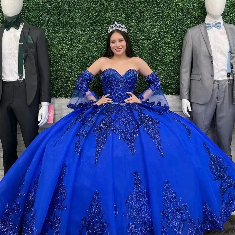 ANGELSBRIDEP Customized Royal Blue Sequined Ball Gowns Quinceanera Dresses Trumpet Sleeves Birthday Party Vestidos De Xv Años