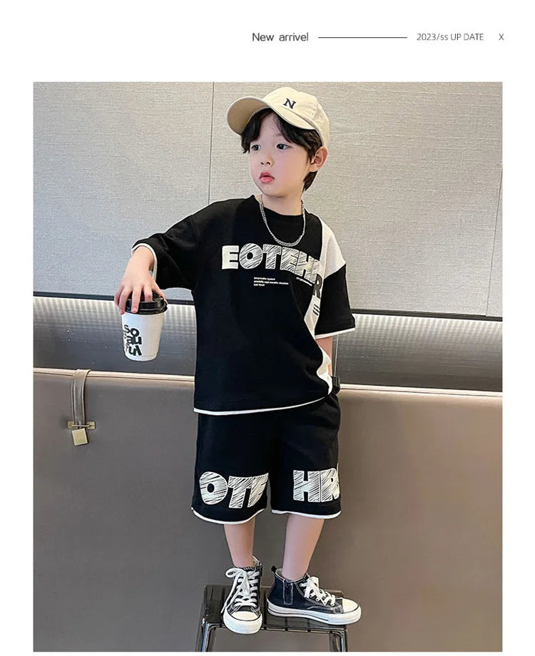 New Summer Teenagers Boys Clothing Sets Child Fashion Letter Top And Shorts 2Pcs Kids Tracksuit 4 5 6 7 8 9 10 11 12 13 14 Years