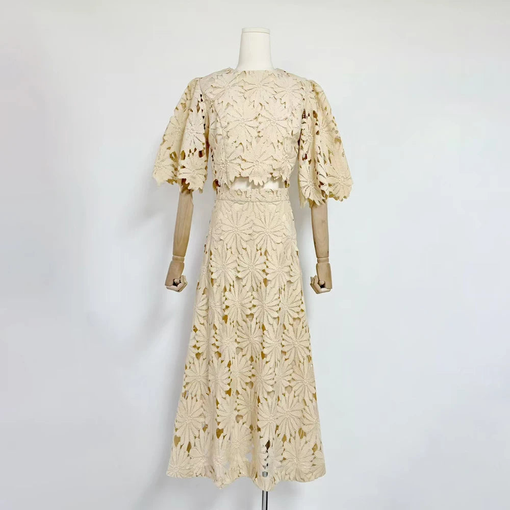 VGH Embroidery Two Piece Set for Women O Neck Batwing Sleeve Top High Waist Hollow Out A Line Long Skirt Elegant Suit Female New