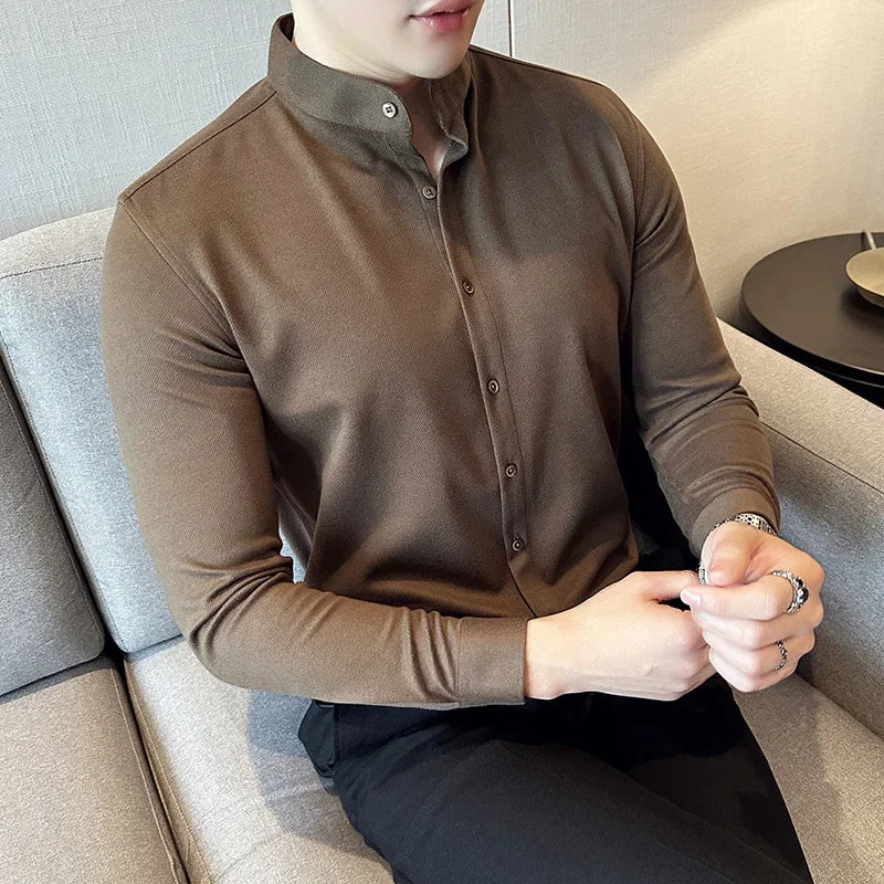 Winter Men Woolen Shirt with British Style Solid Casual Stand Up Collar Thick Warm Wool Formal Dress Shirt Fashion Men Clothing