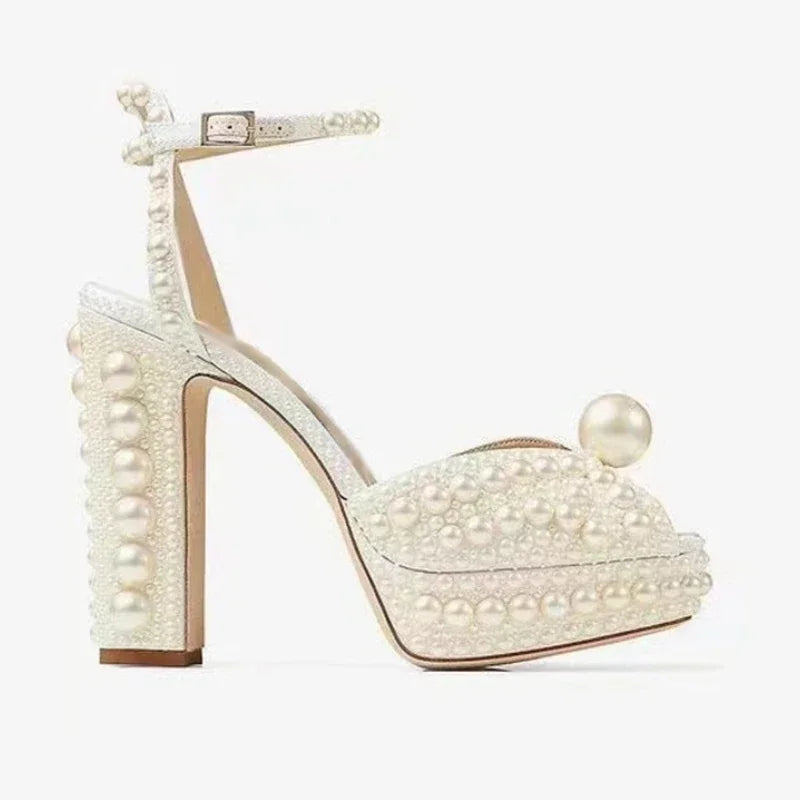 Shoes for Women Beaded Thick Heel Fish Mouth Sandals 35-41 High Heel Waterproof Platform Women's Shoes Wedding