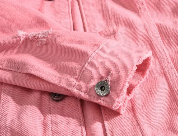 Men Pink Denim jackets Outerwear Jean Coats New Spring Autumn Men Holes Jena Jackets Men Slim Denim Jackets Size 4XL