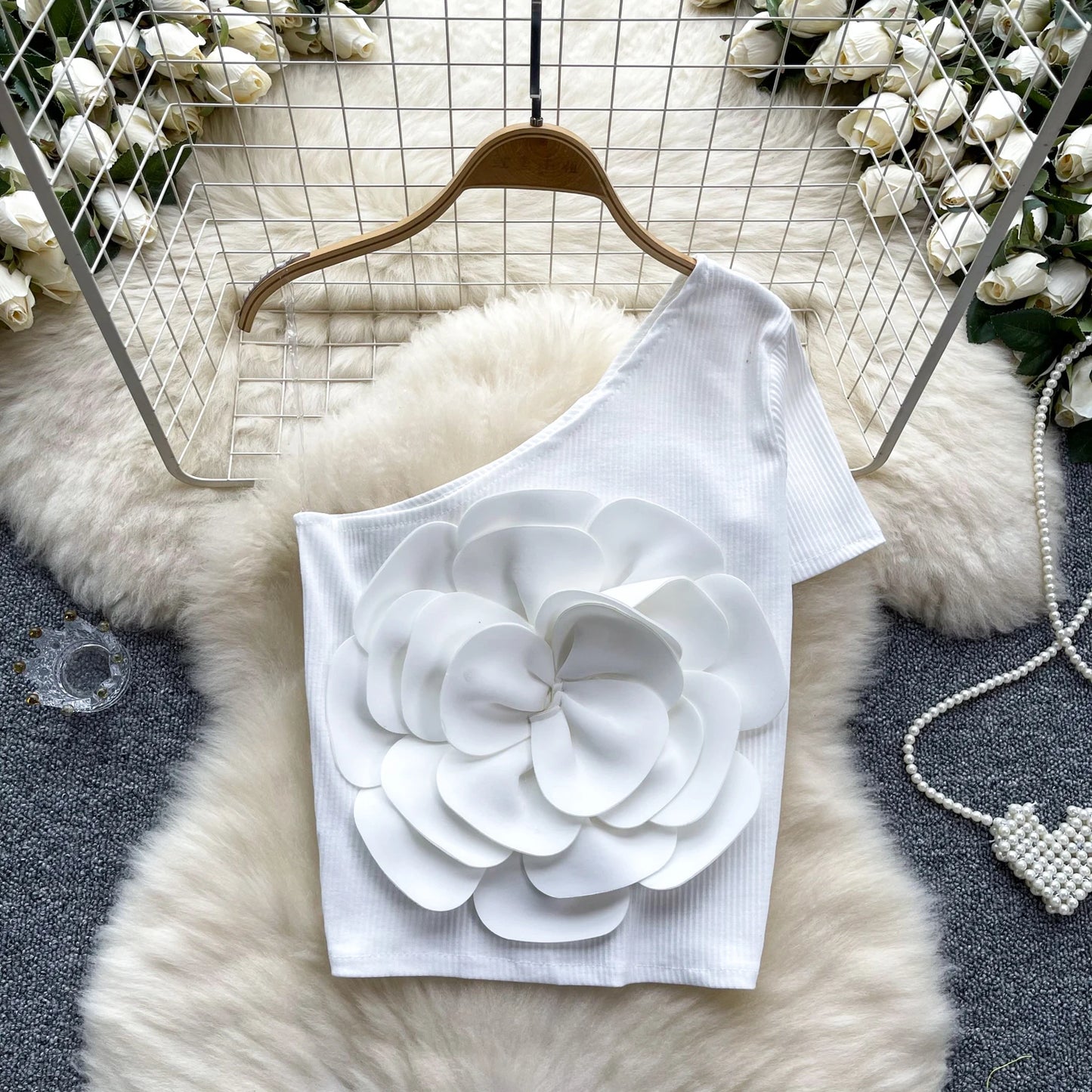 2024 New Summer Vest Women Three-dimensional Flowers Patchwork Slim Off-shoulder Backless Sleeveless Suspender Female