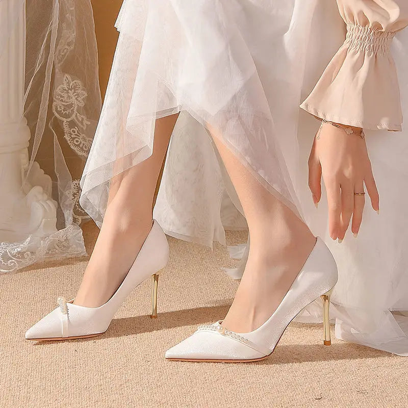 Women's Summer Footwear Bride Pumps Shoes for Woman 2024 Wedding Shoe on Heeled Pointed Toe Pearl Stilito High Heels Popular 39