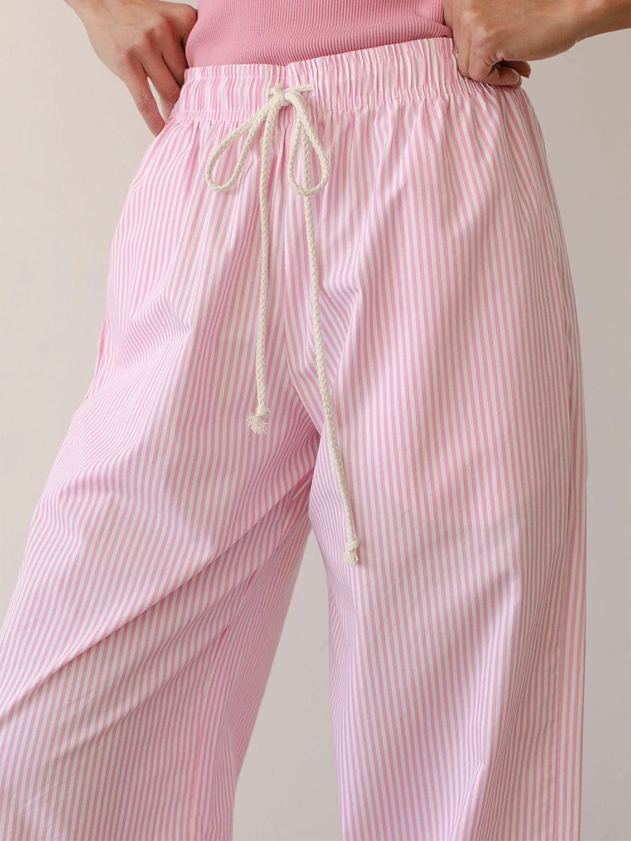 Combhasaki Women Y2K Aesthetic Wide-Leg Pants Stripe Drawstring High Elastic Waist Trousers Spring Fall Retro Sweatpants Bottoms