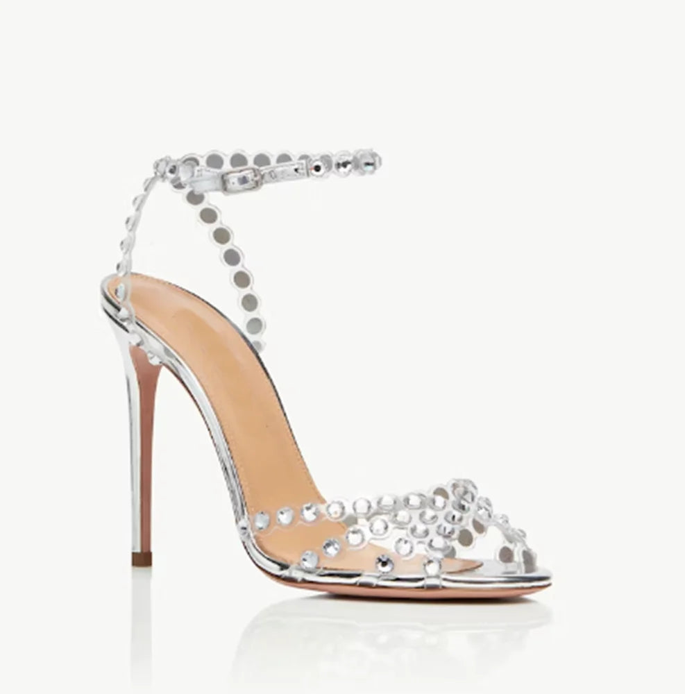 Women Peep Toe Wedding Sandals Crystal Bling Bling Colored Rhinestone shiny Sandals Stiletto Heels Slingback Ankle Strap Shoes