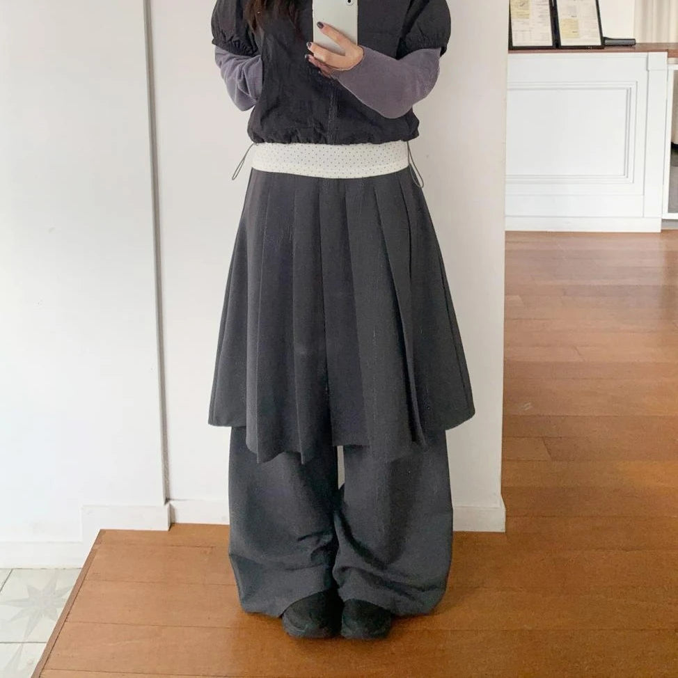 KUSAHIKI Korean Niche Wide Leg Pants Fake Two-piece Suit Pleated Skirt Long Pant Spicy Girl Y2k Trousers