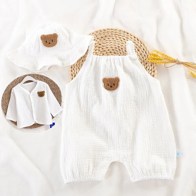 3Pcs Muslin Baby Jumpsuit Coat Hat Bear Baby Summer Clothes Set Kids Coat Romper White Toddler Outfit Suit Infant Clothing 0-3T