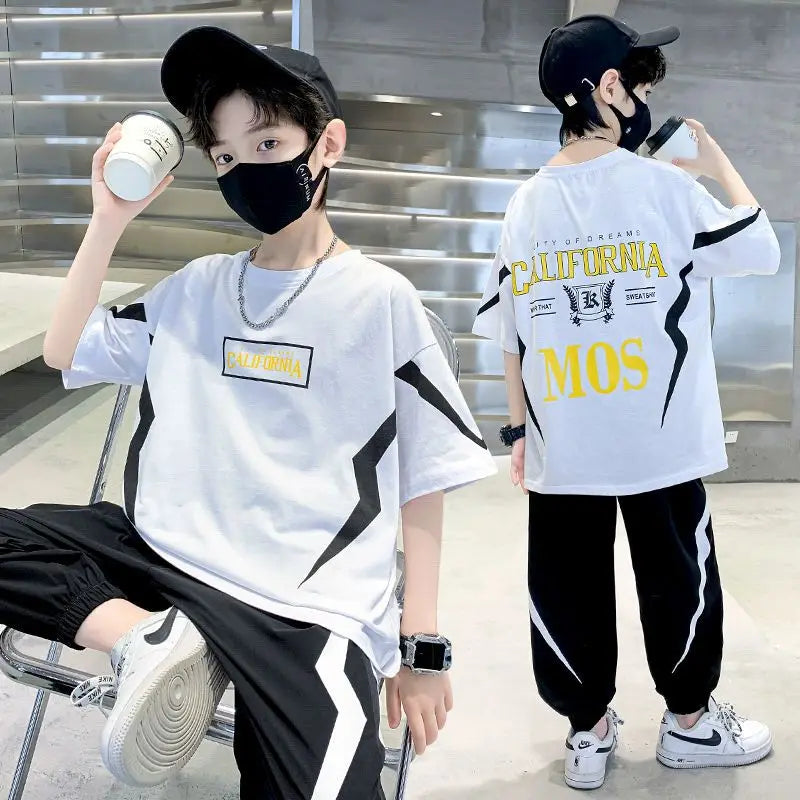 Summer Boys Cotton Alphabet Lightning T-Shirt Tops+Sweatpant School Kids 2PCS Tracksuit Child Jogger Outfit Workout Set 5-14 Yr