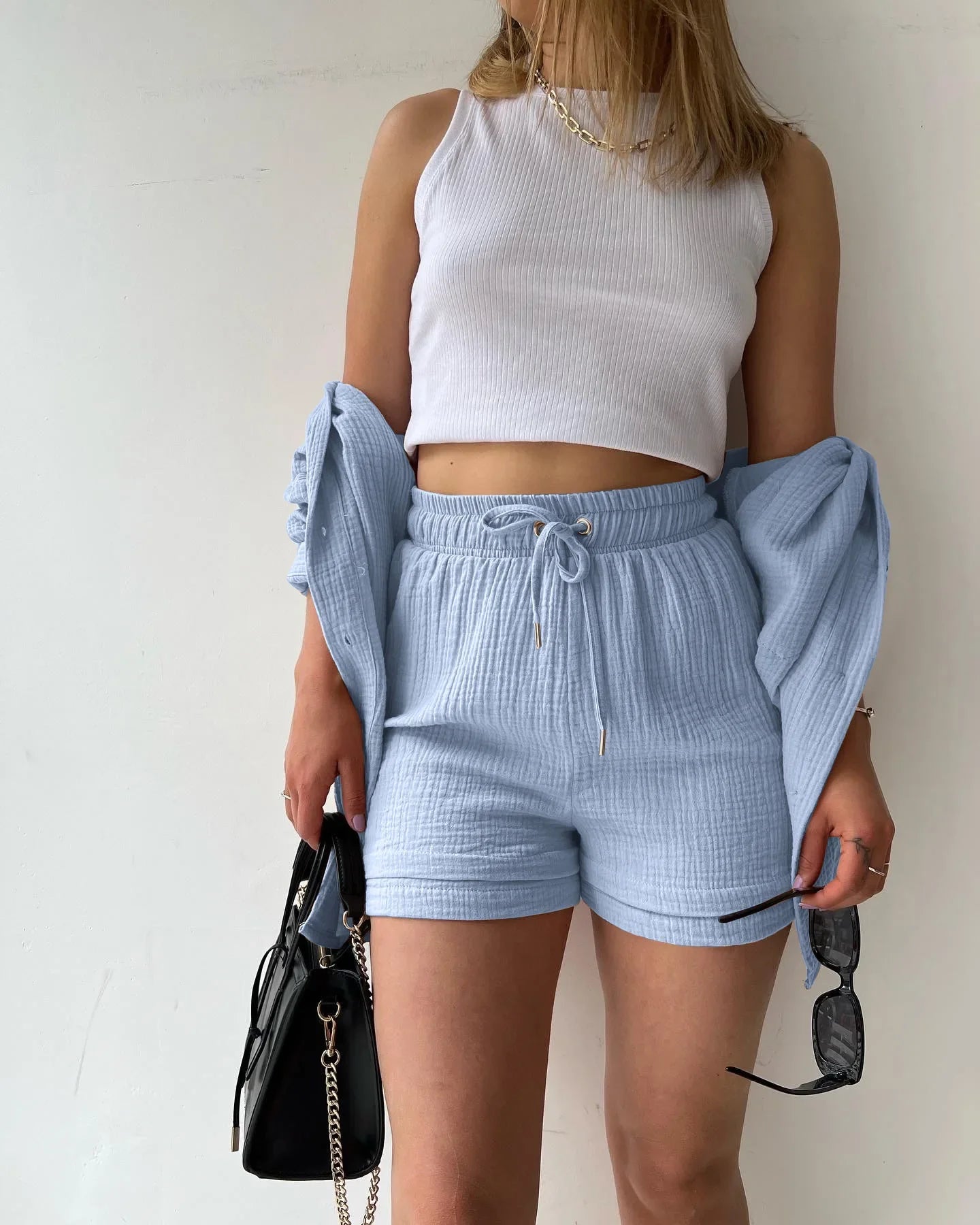 Short Sets Women Tracksuit Single Breasted Cardigan Blouses Two Pieces Shorts Loose Button High Street Solid Pockets Folds